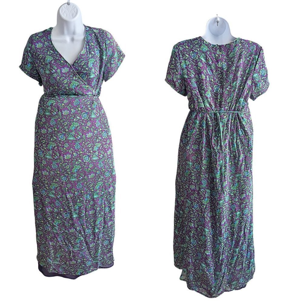 NWT Vintage Y2K MIMI MATERNITY 100% Silk Paisley Purple Green Maxi Dress Size M